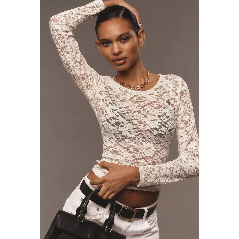 By Anthropologie Long Sleeve Lace Crew Neck Top, SMALL Almond Floral Sheer boho